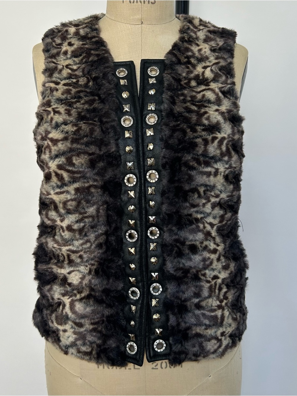 Cache Faux Fur Leopard-Print Vest in Brown and Cream with Trim